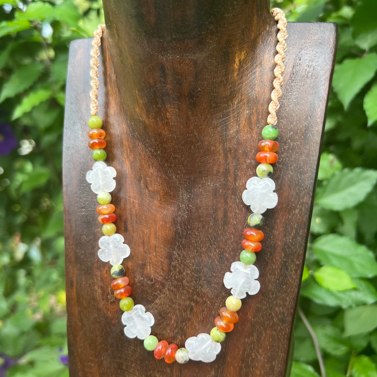 Daisy Chain Macrame Necklace - Clear Quartz, Carnelian & Australian Butter Jade