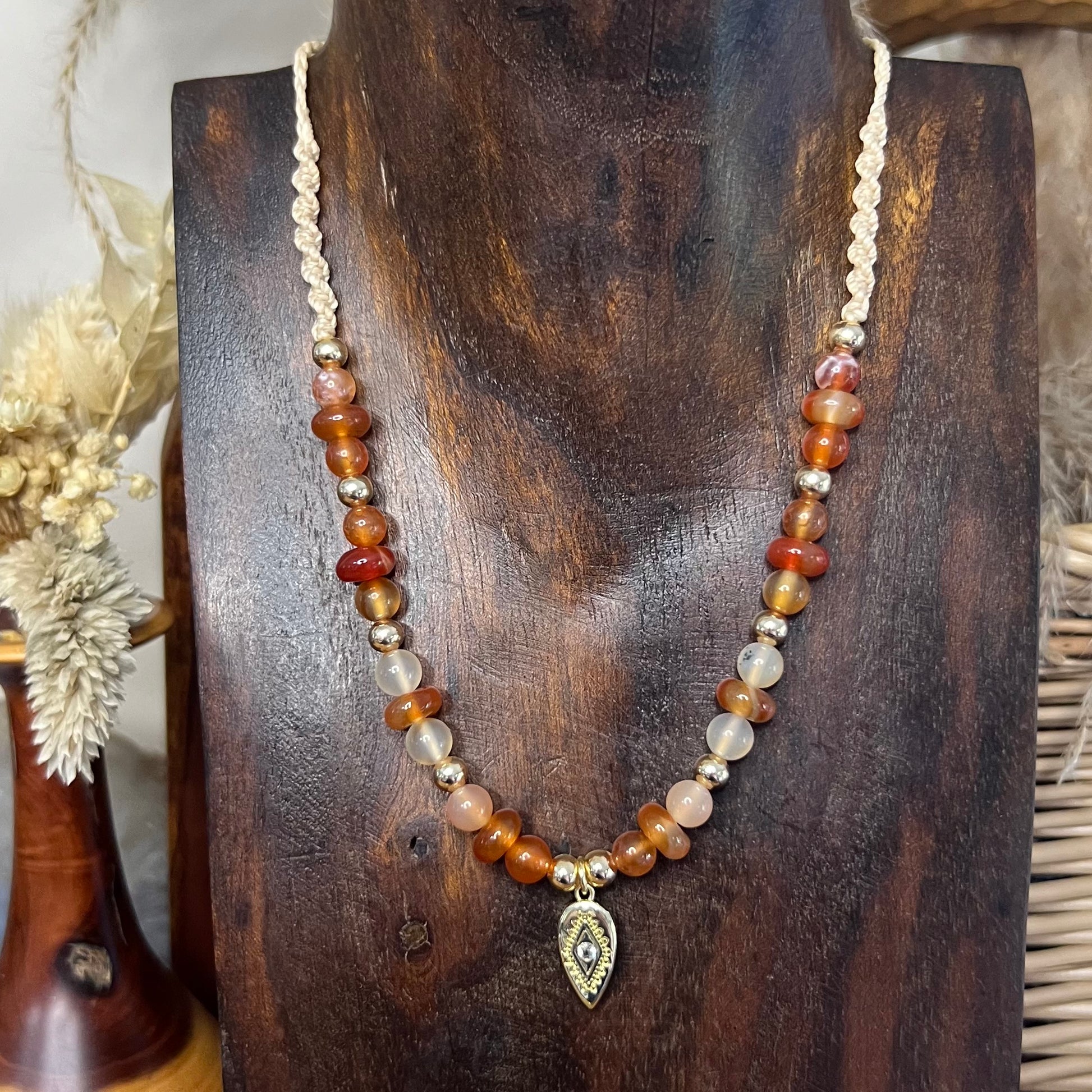 Carnelian & Persian Gulf Agate beading with Gold CZ Boho Paisley Pendant handcrafted adjustable macrame Crystal Necklace