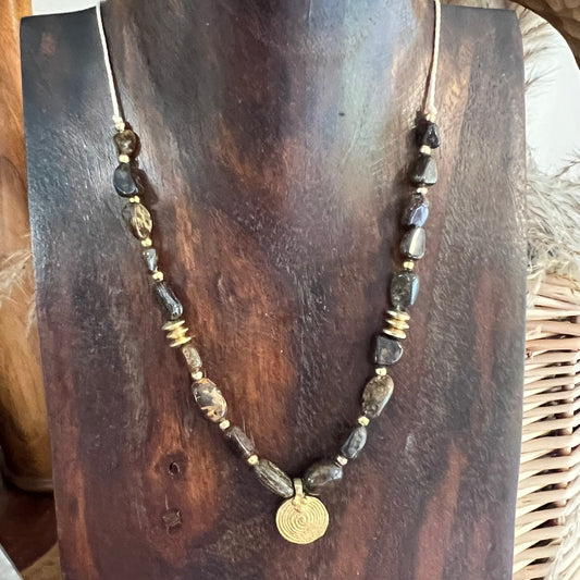 Bronzite with Brass charm Crystal Necklace