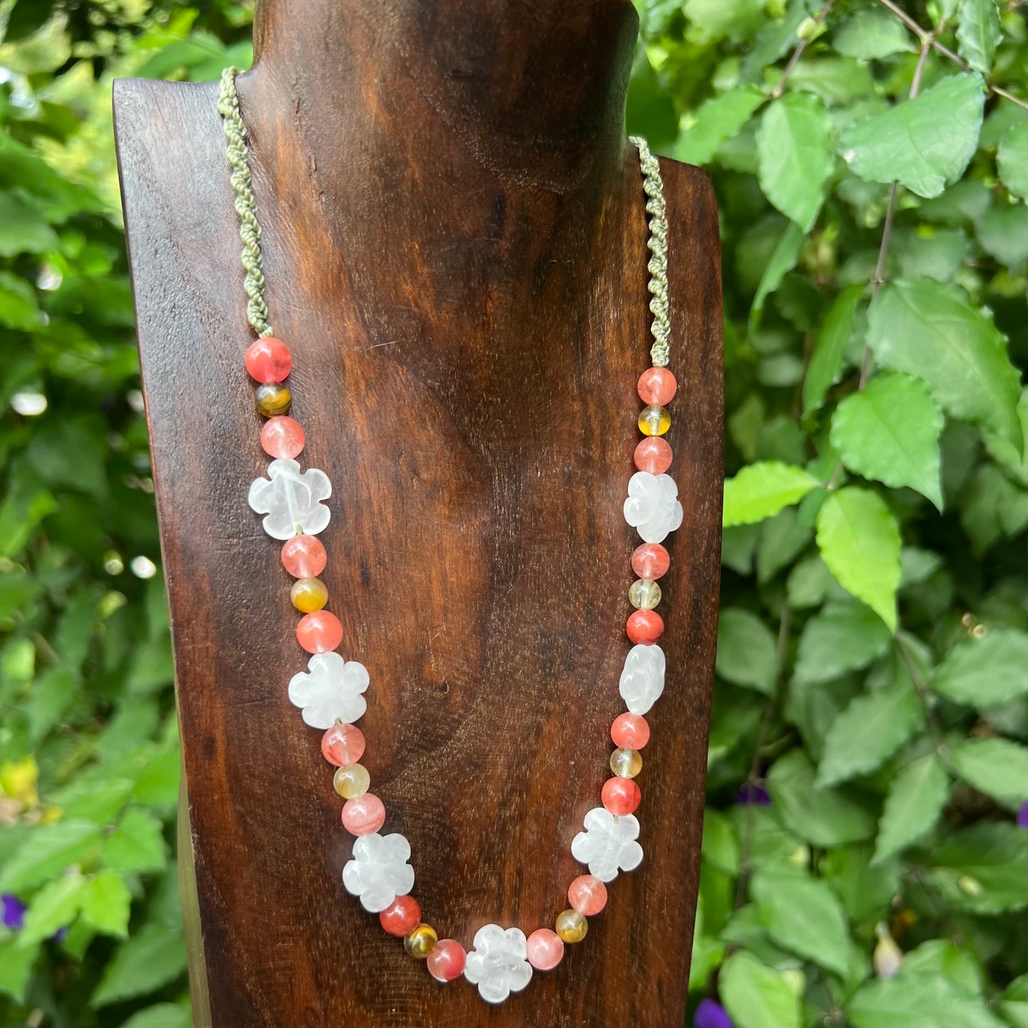 Daisy Chain Macrame Necklace with Clear Quartz, Strawberry Quartz, Indian Agate