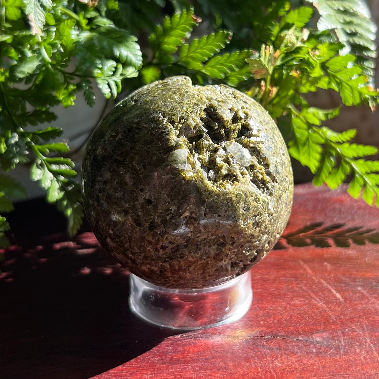 Natural Epidote Sphere with druzy section