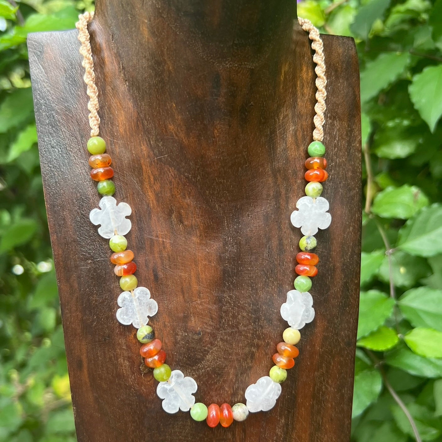 Daisy Chain Macrame Necklace - Clear Quartz, Carnelian & Australian Butter Jade