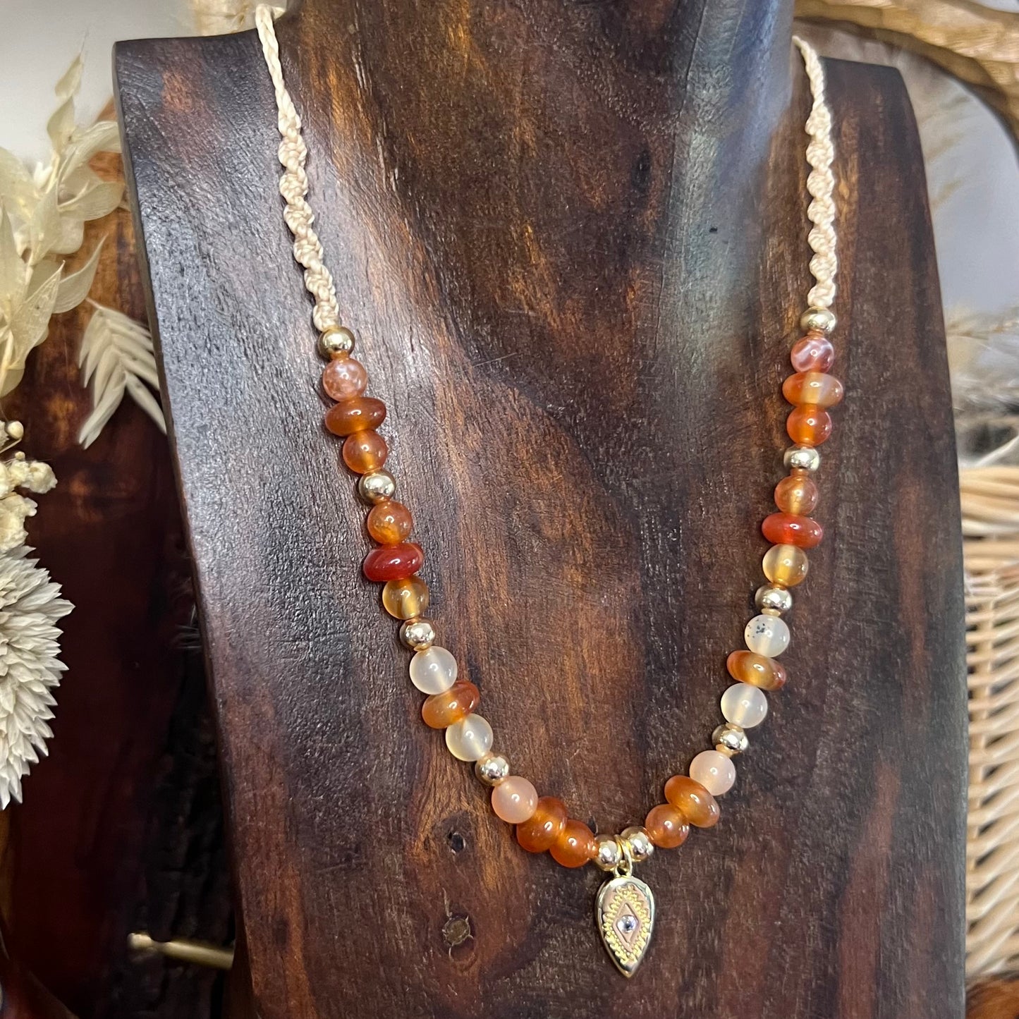 Carnelian & Persian Gulf Agate with Gold CZ Boho Accents Crystal Necklace