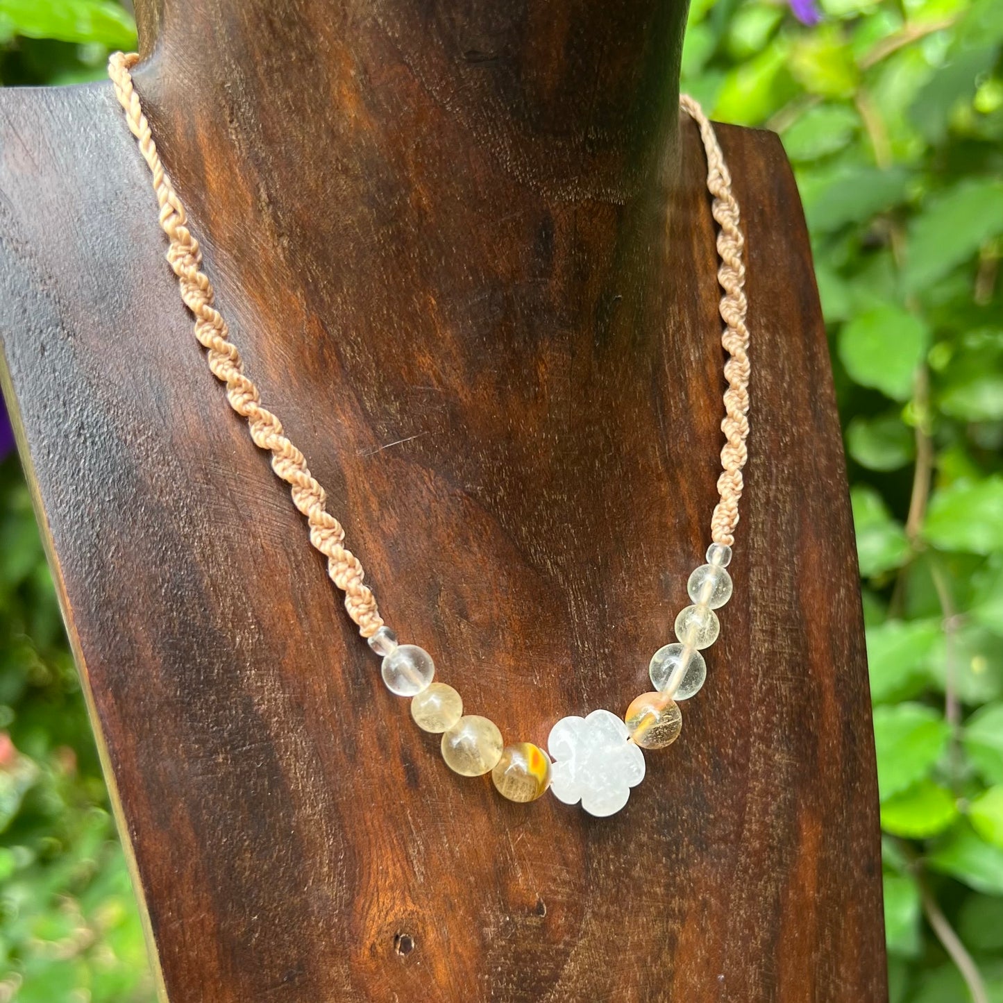 Clear Quartz Daisy Macrame Necklace with Indian Agate