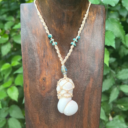 Menalite and Howlite Macrame Necklace with African Trade Beads focus