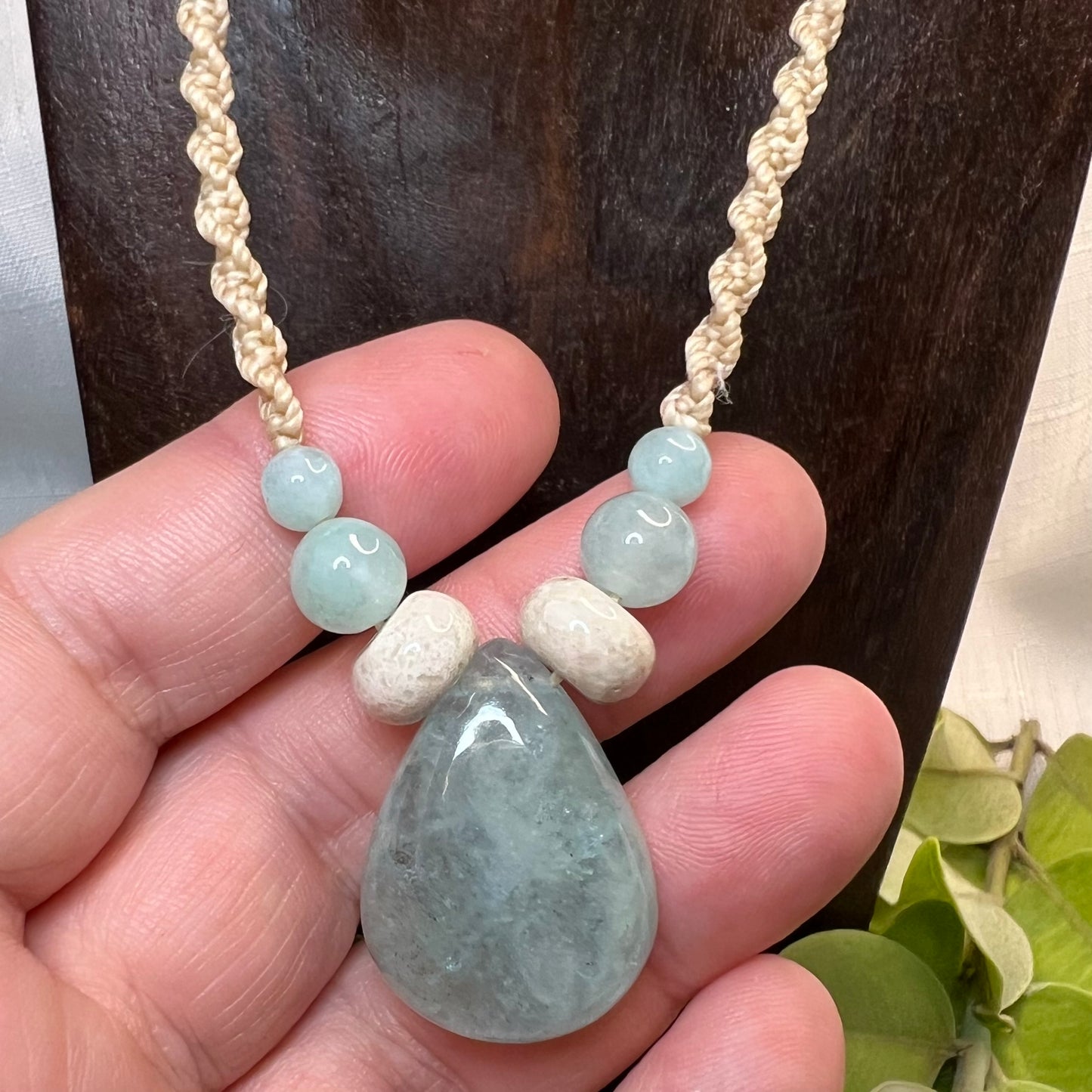 Aquamarine and Fossil Bone Macrame Crystal Necklace