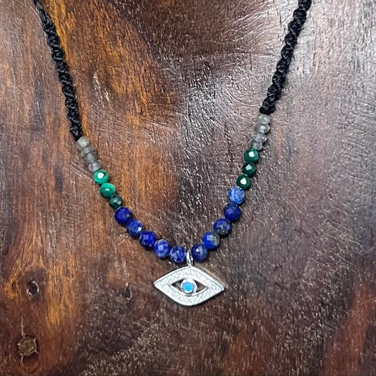 Silver CZ Evil Eye Talisman with Lapis, Malachite, Labradorite Crystal Necklace