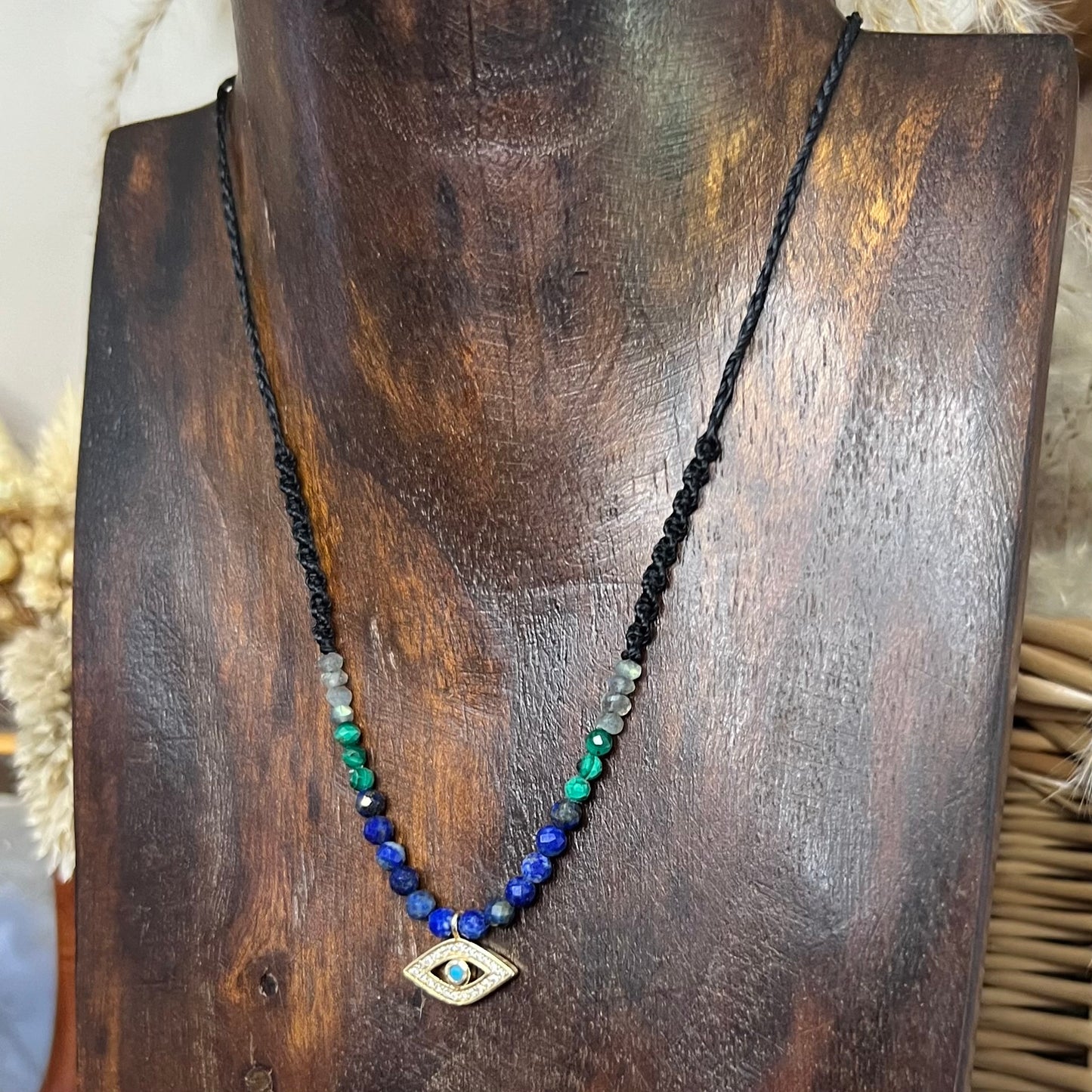 Evil Eye (Gold CZ) with Lapis, Malachite, Labradorite Petite Crystal Necklace