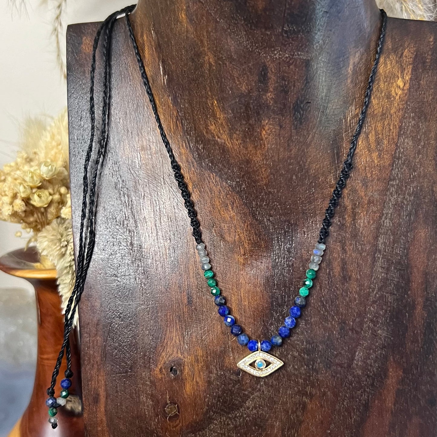 Evil Eye (Gold CZ) with Lapis, Malachite, Labradorite Petite Crystal Necklace