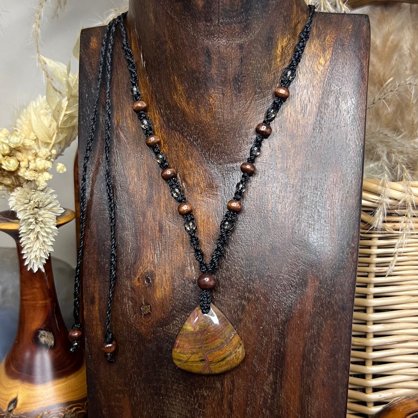 Fossilised Wood with wood & Smoky Quartz Crystal Necklace