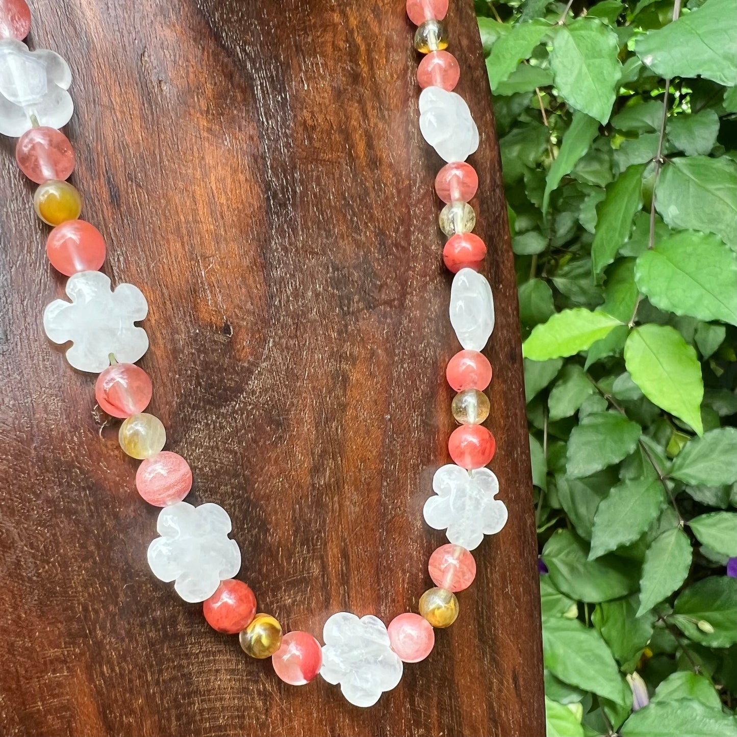 Daisy Chain Macrame Necklace with Clear Quartz, Strawberry Quartz, Indian Agate