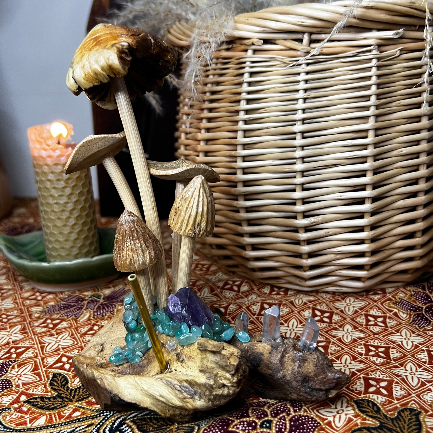 Bespoke Crystal & Wooden Burl Mushroom Incense Stick Holder - Amethyst | Quartz | Dyed Agate