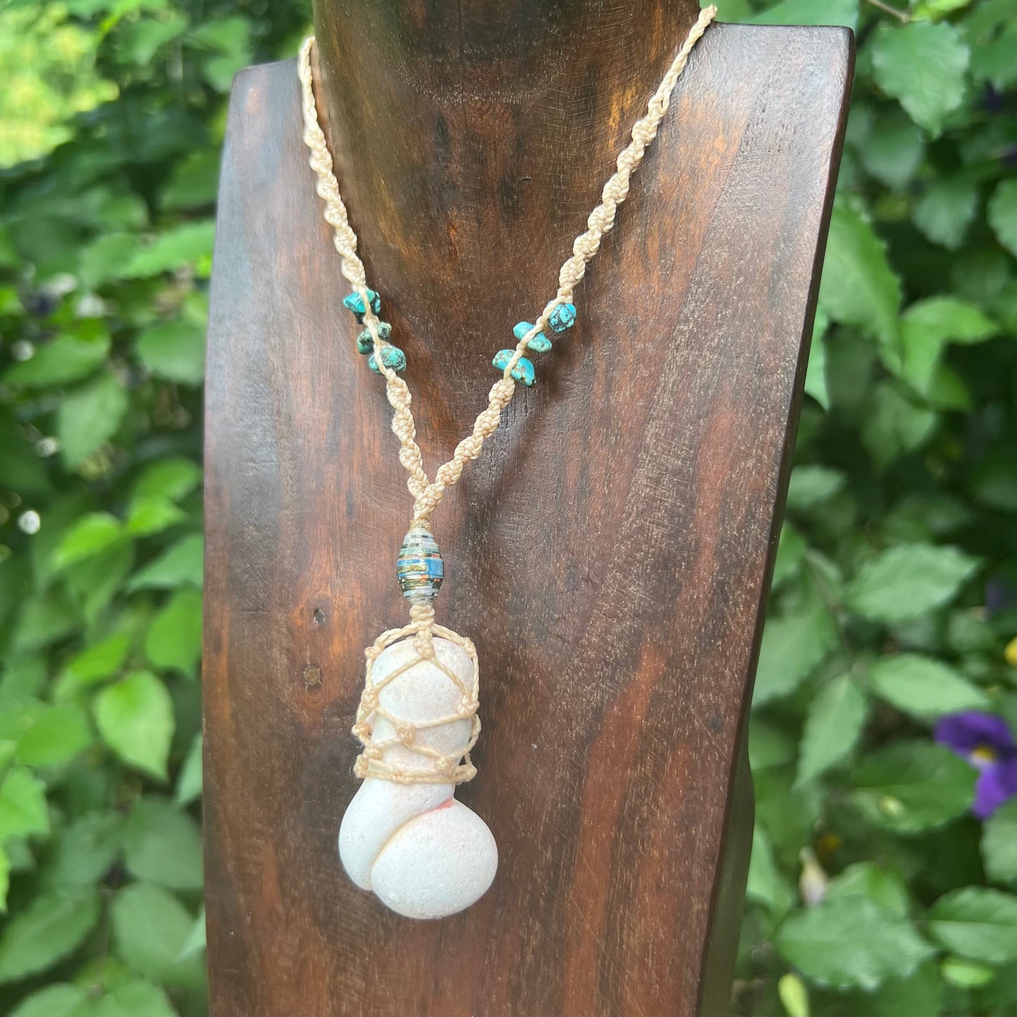 Menalite and Howlite Macrame Necklace with African Trade Beads focus