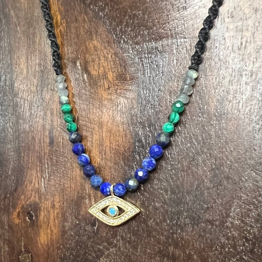 Gold CZ Evil Eye pendant with Lapis Lazuli, Malachite, Labradorite Petite Crystal Necklace