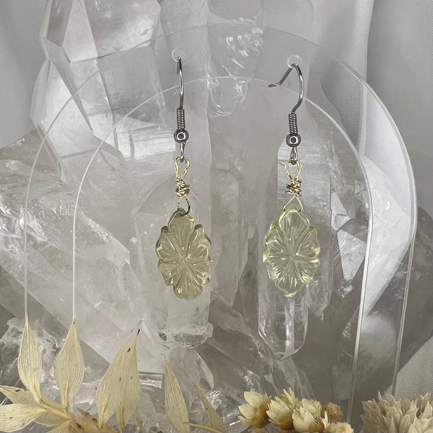 Lemon Quartz Hibiscus Flower Surgical Steel Earrings