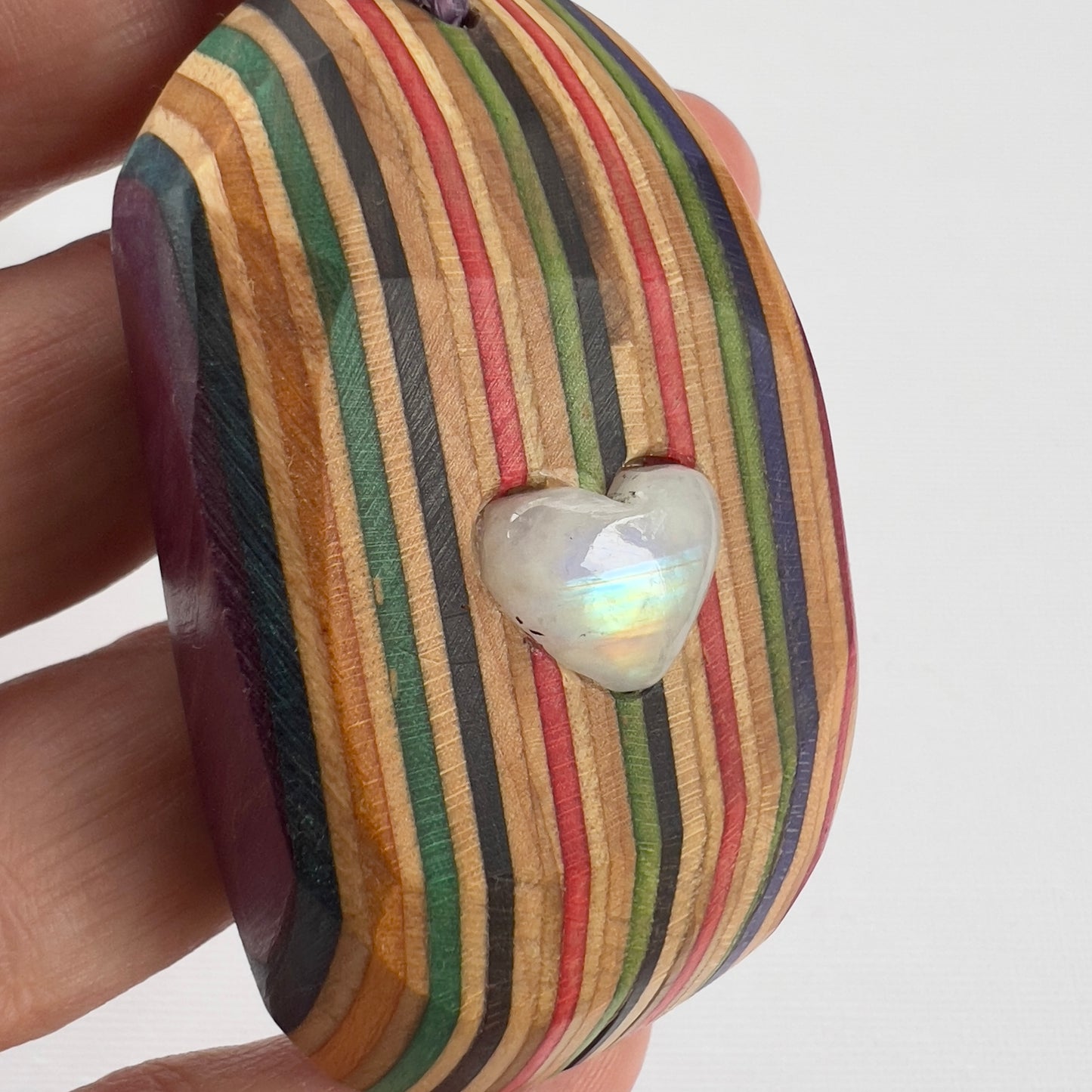 Recycled Skateboard Pendant with rainbow flash moonstone