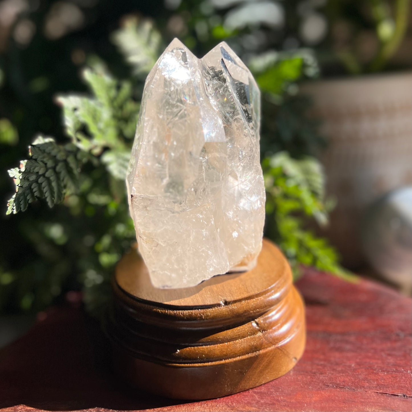 Pink Lemurian Tantric Twin Quartz in Wood Display (Brazil)