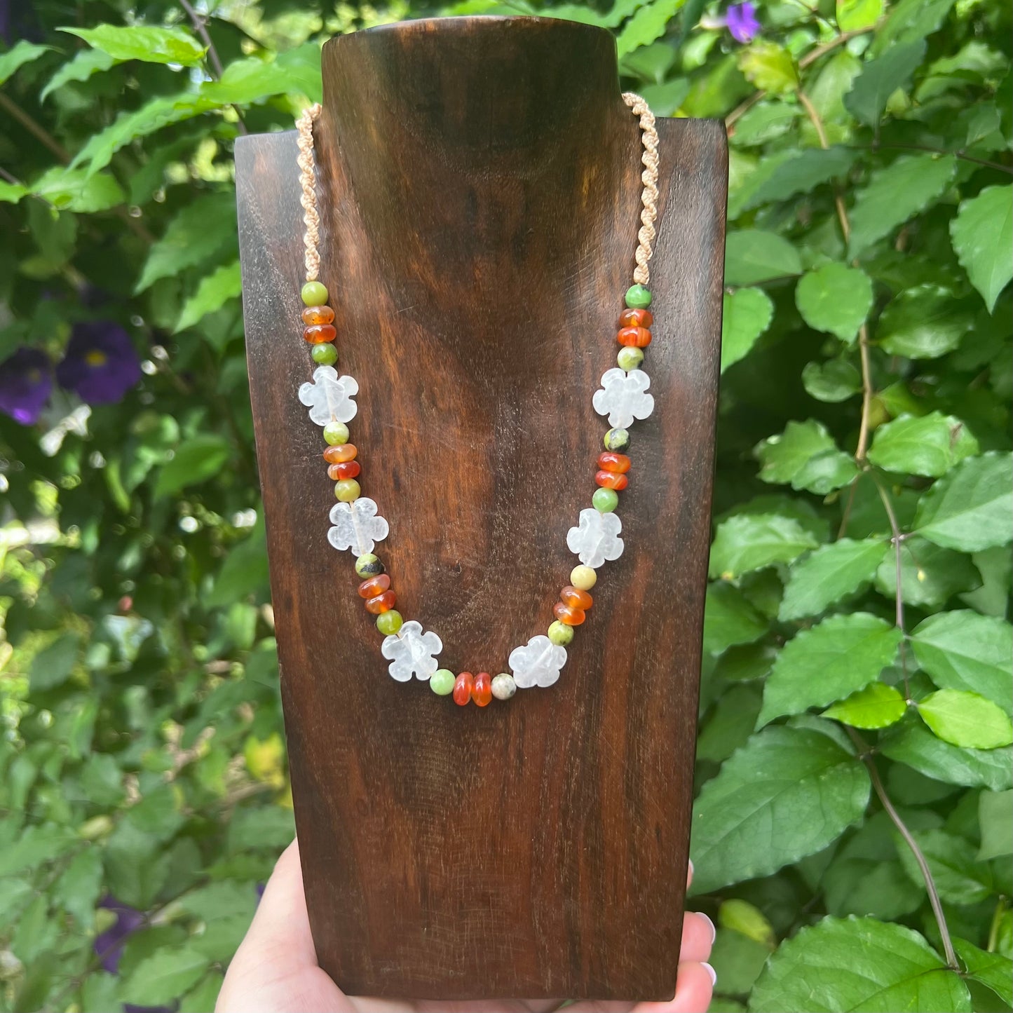 Daisy Chain Macrame Necklace - Clear Quartz, Carnelian & Australian Butter Jade