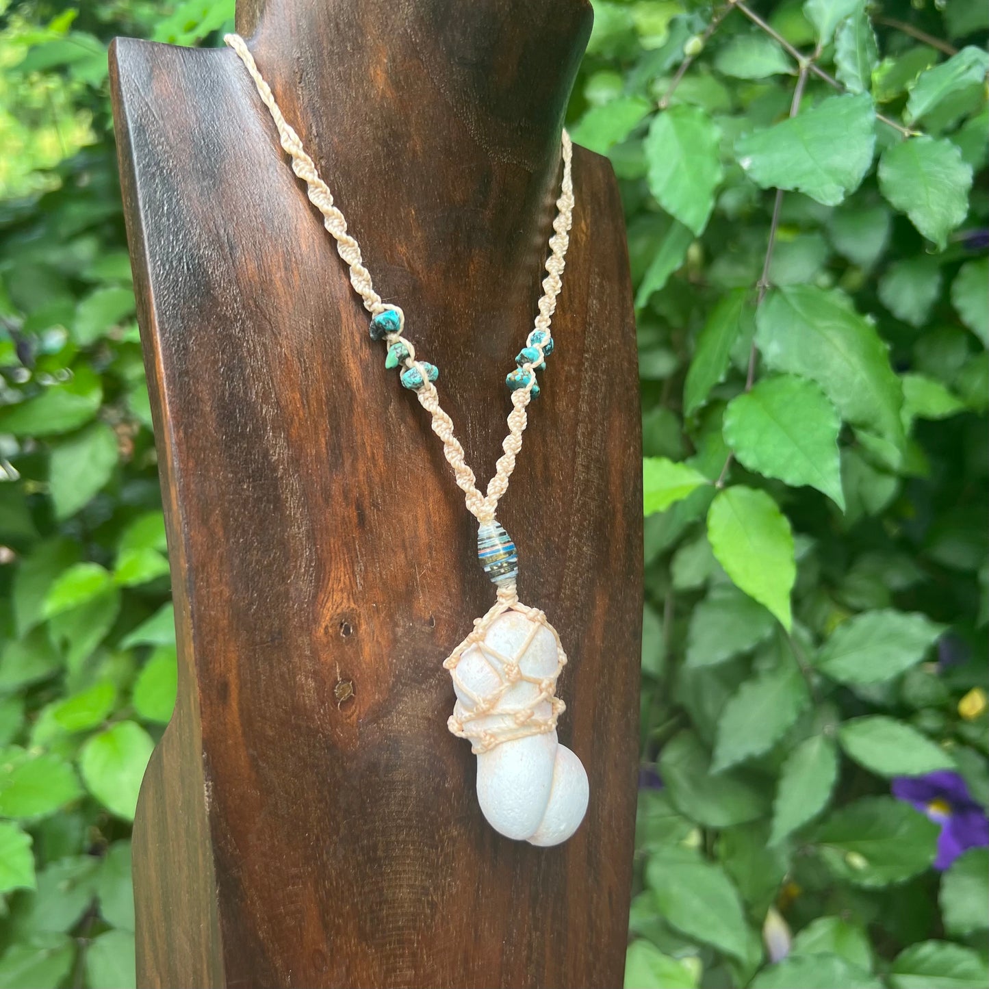 Menalite and Howlite Macrame Necklace with African Trade Beads focus