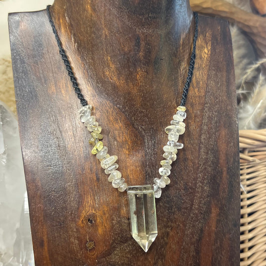 Brazilian Citrine with Rultilated Quartz Crystal Macrame Necklace/Talisman