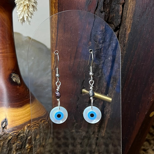 Mother of Pearl Evil eye & Vintage Black Pearl Earrings: Protection ∙ Divine Feminine ∙ Intuition