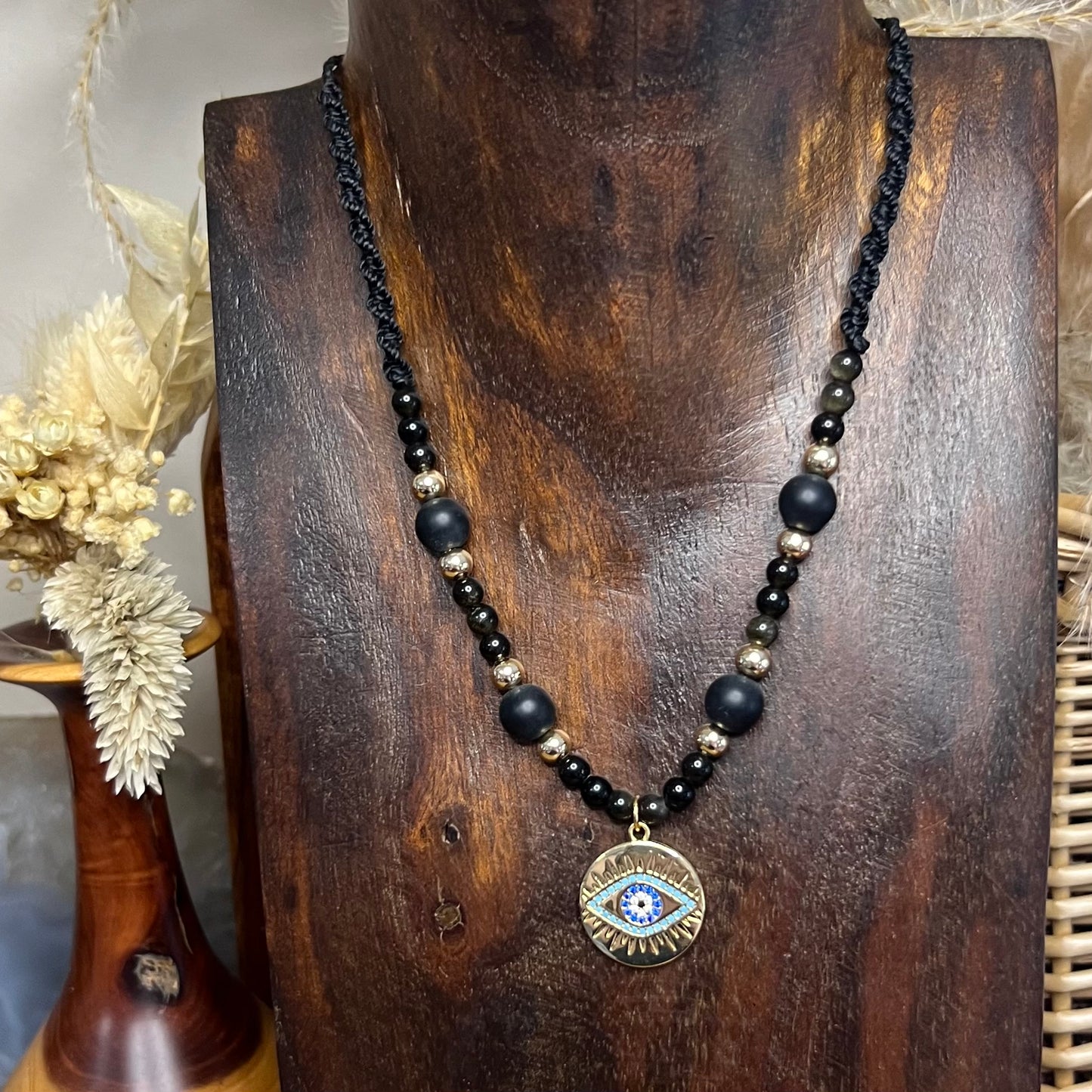 Obsidian and Onyx with Gold CZ Evil Eye Charm Crystal Necklace