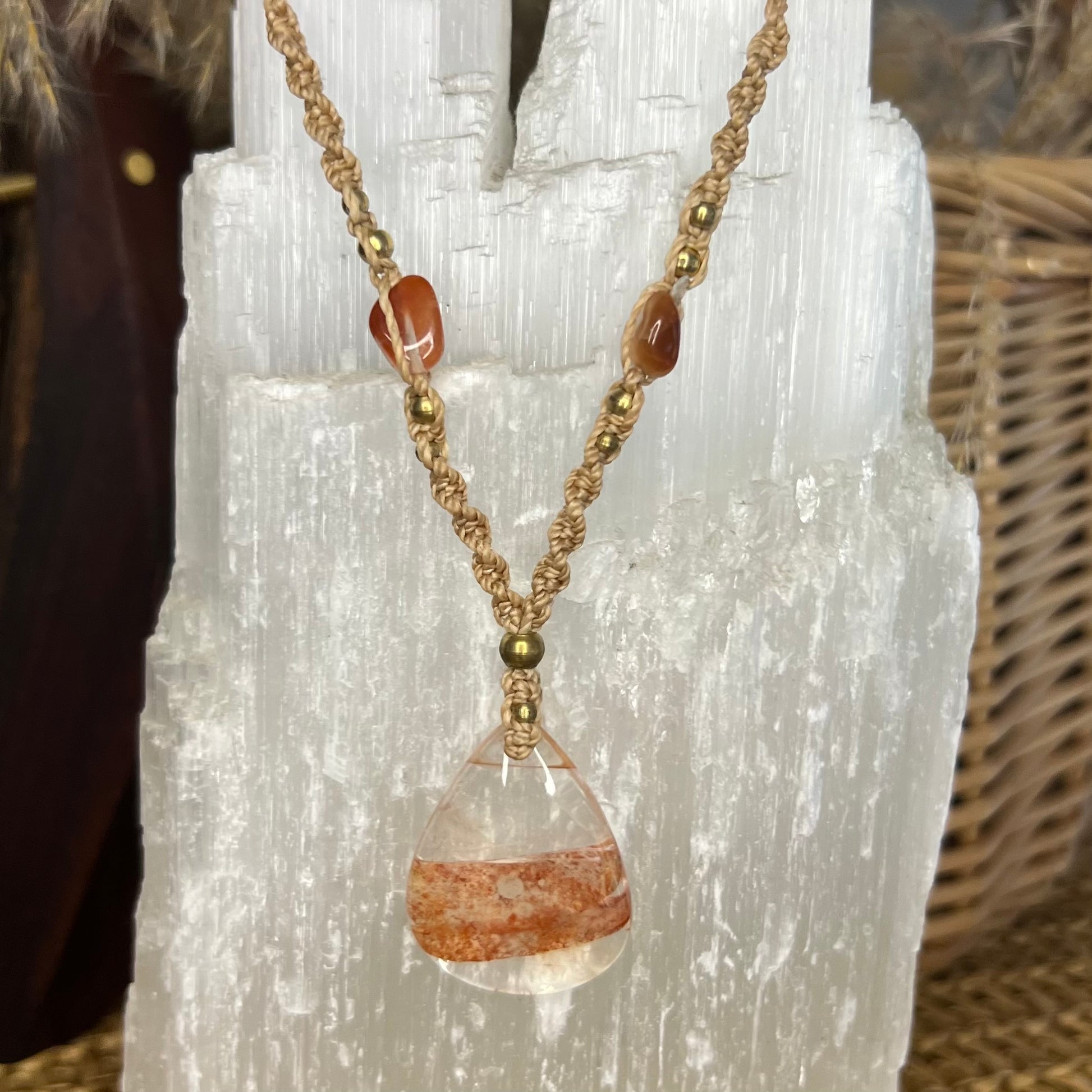 Handwoven adjustable macrame necklaces with Fire Quartz Hematite included Quartz pendant with Brass accents