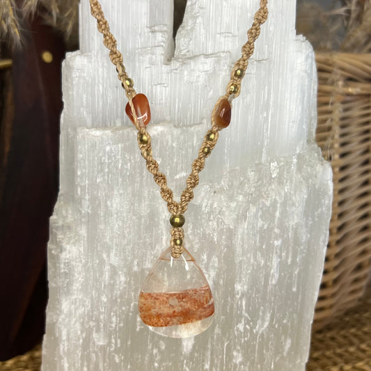 Handwoven adjustable macrame necklaces with Fire Quartz Hematite included Quartz pendant with Brass accents