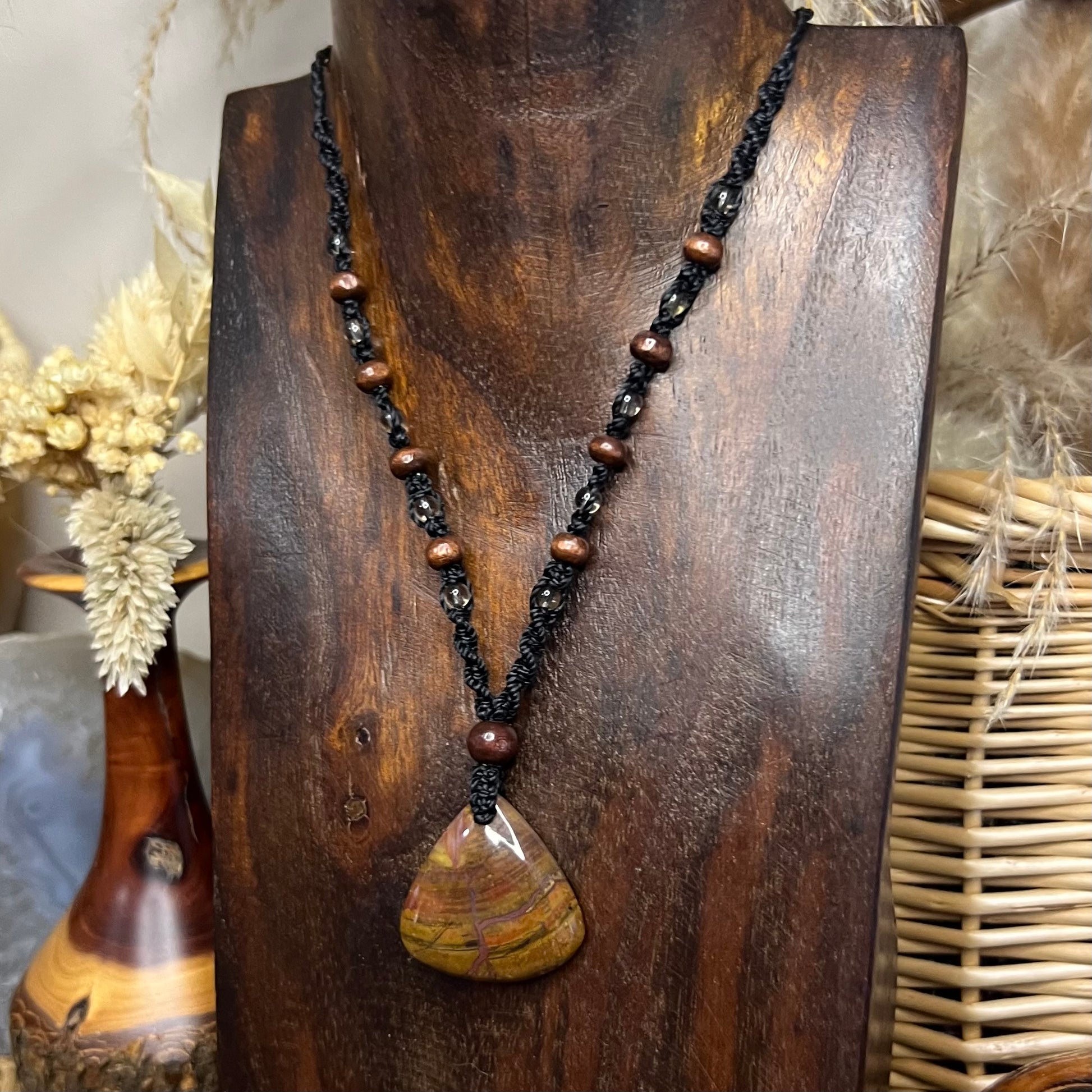Handmade Adjustable Macrame Necklace with Fossilised Wood pendant, polished wood & Smoky Quartz beading.