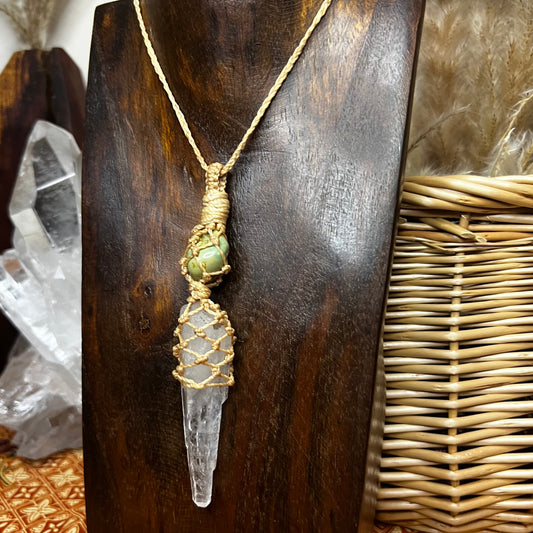 Lemurian Quartz with Arizona Turquoise Macrame Necklace Talisman