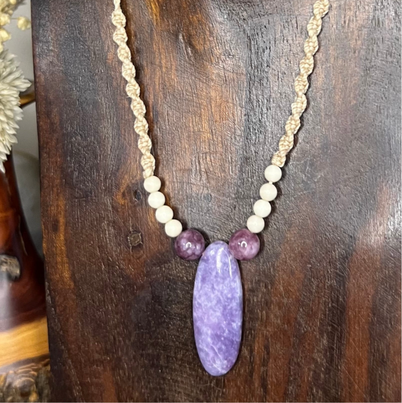 Handmade adjustable macrame necklace with Lepidolite pendant and Riverstone beads.