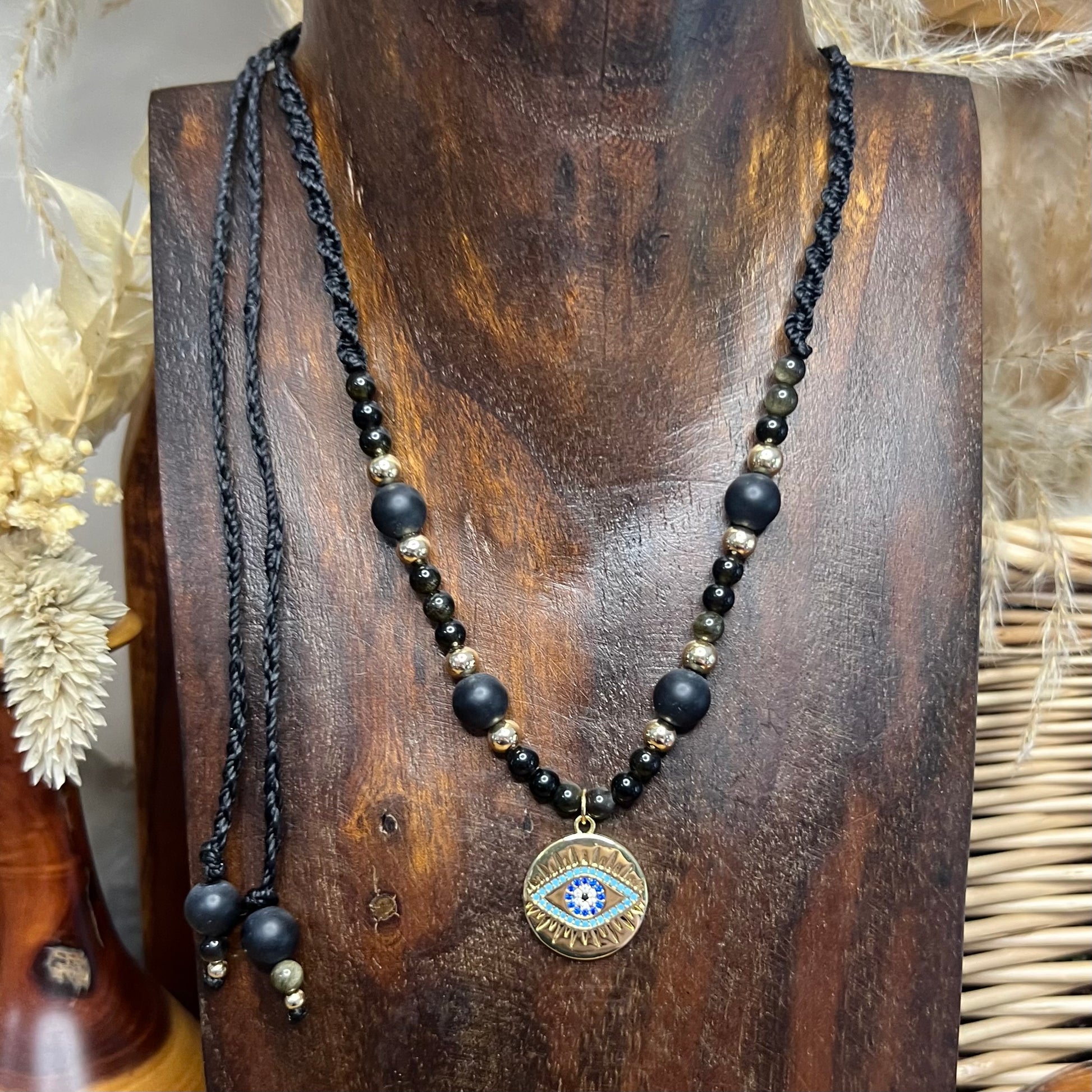Black Obsidian and Onyx with Gold CZ Evil Eye Charm Adjustable Macrame Necklace