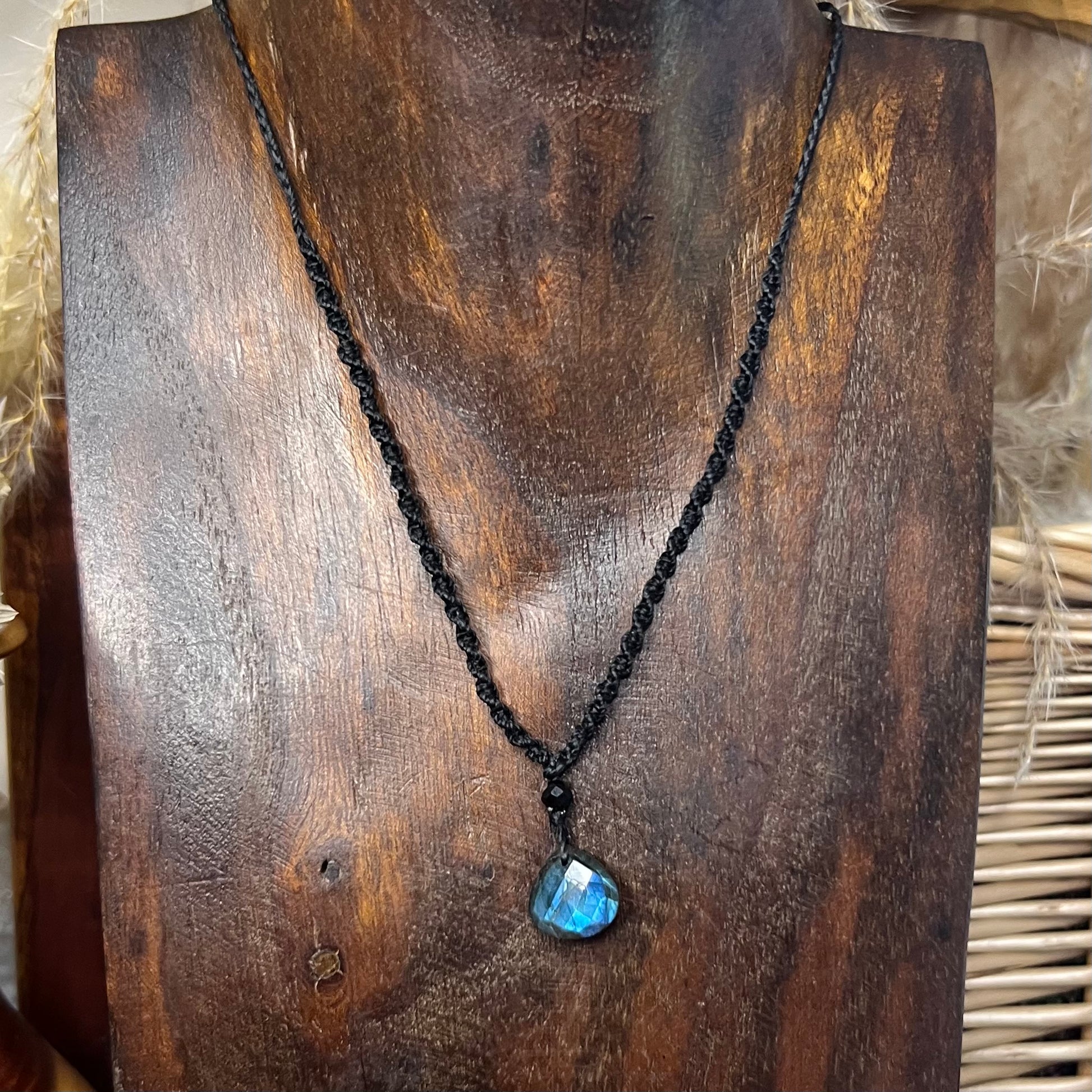 Petite Faceted Blue Flash Faceted Labradorite Pendant with faceted spinel Macrame Necklace