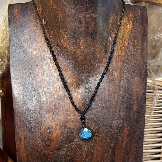 Petite Faceted Blue Flash Faceted Labradorite Pendant with faceted spinel Macrame Necklace