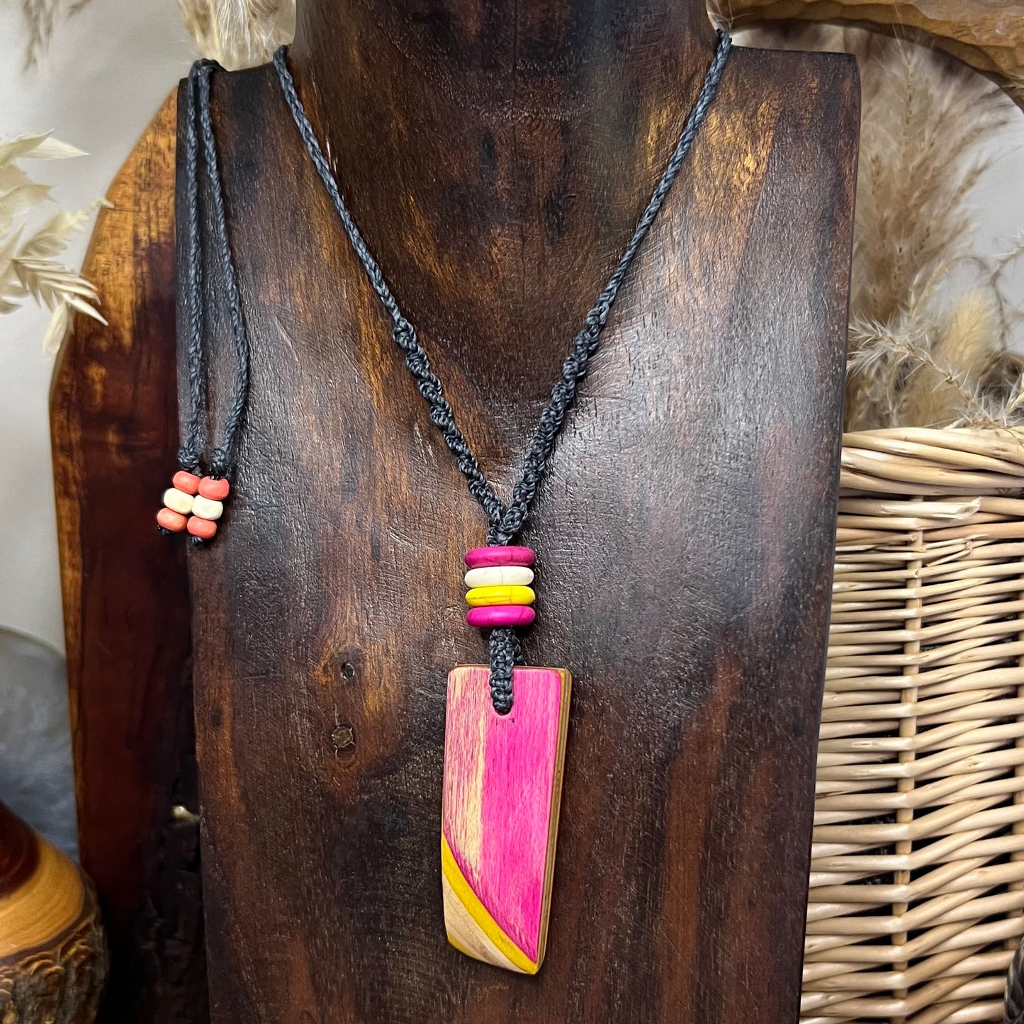 Pink and Yellow Recycled Skateboard Pendant and Magnesite Macrame Necklace on Linhasita cord