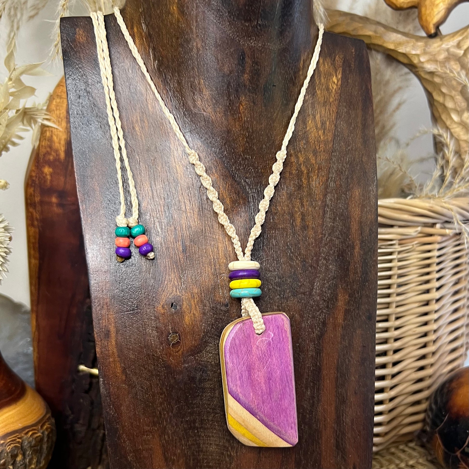 Handmade Macrame Necklace with Recycled Skateboard Pendant and Magnesite - Purple Yellow and Blue
