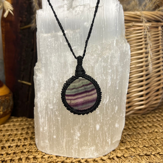 Handcrafted Macrame Necklace with Framed large purple/blue/clear Rainbow Fluorite pendant