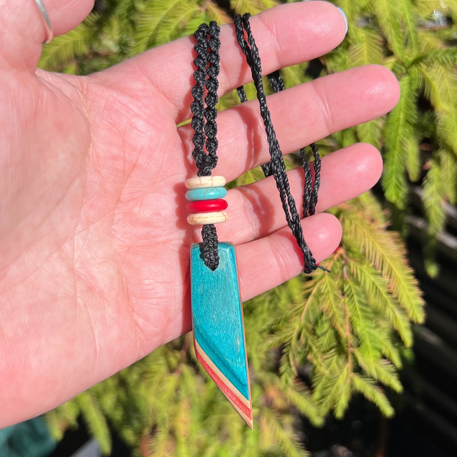 Macrame Necklace on Linhasita cord with Recycled Skateboard Pendant and Magnesite