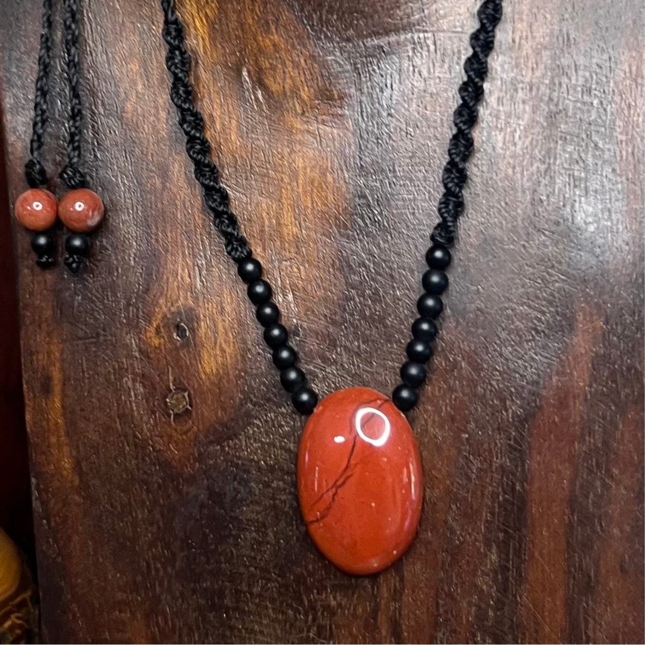 Handmade adjustable macrame necklace with Red Jasper pendant and Black Agate