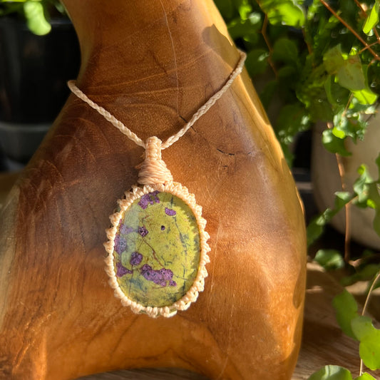 Adjustable Macrame Necklace with large Tasmanian Atlantisite pendant woven into Linhasita cord- comfortable Boho jewellery