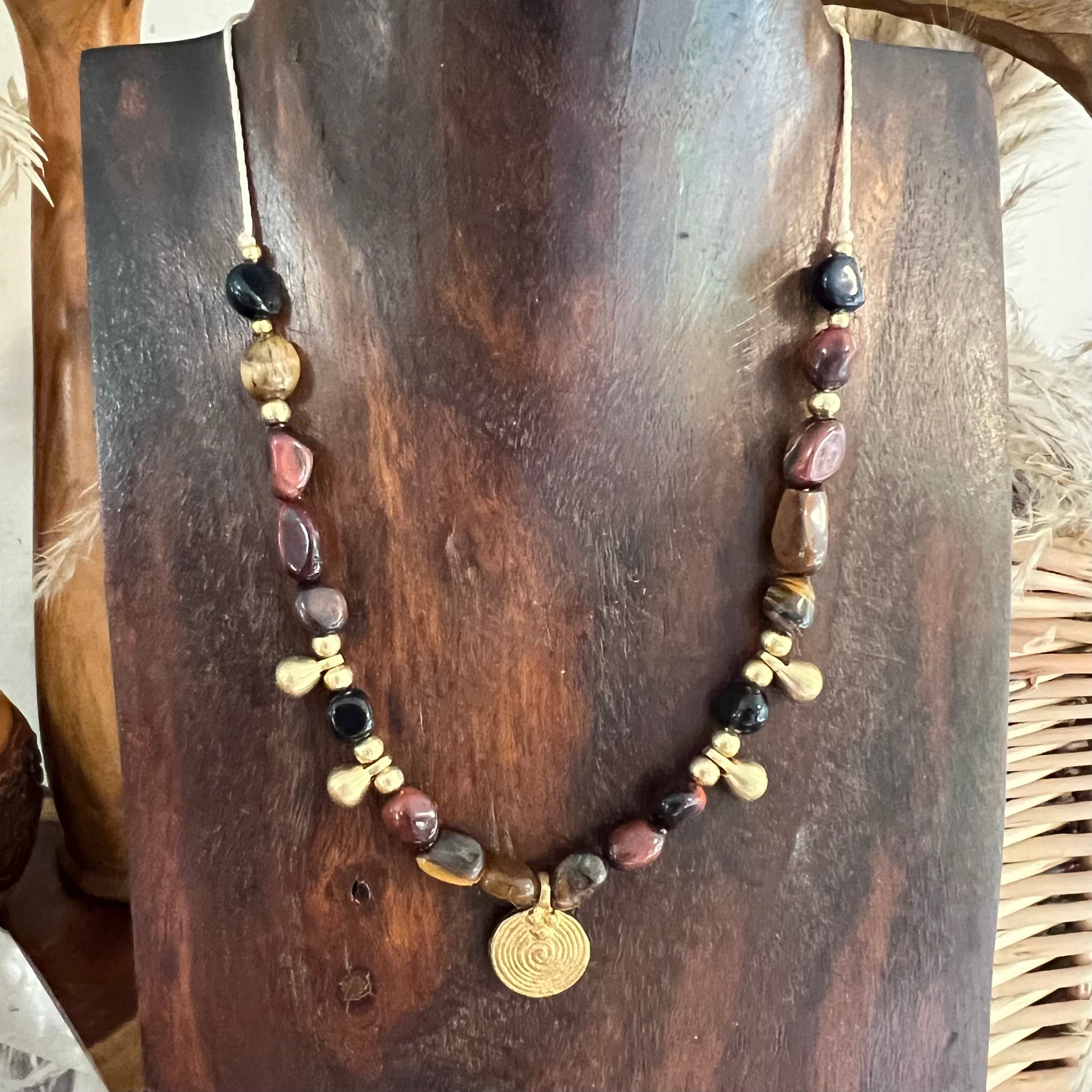Lush irregular polished Tigers Eye with Brass charms and Spiral of Life pendant Crystal Layer Necklace