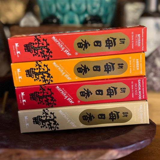 Japanese Morning Star Incense - High quality bamboo/wood free incense. Environmentally conscious Incense. Clean incense. With a range of scents, each possesses light, soothing fragrance, creating an ambient, aromatic atmosphere and energetically cleansed space. 50p per pack - With long burn time and clean scent.  Amber - Frankincense - Sandalwood - Palo Santo - Myrrh
