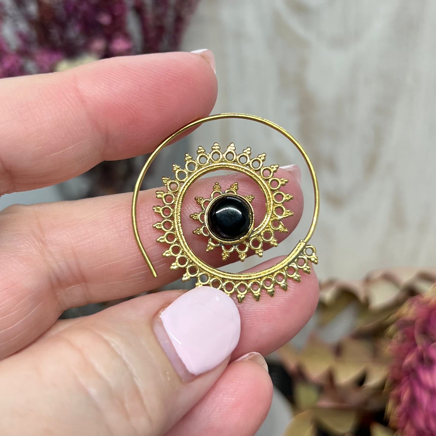 Mandala Spirals with Obsidian Boho Brass Earrings (ii)