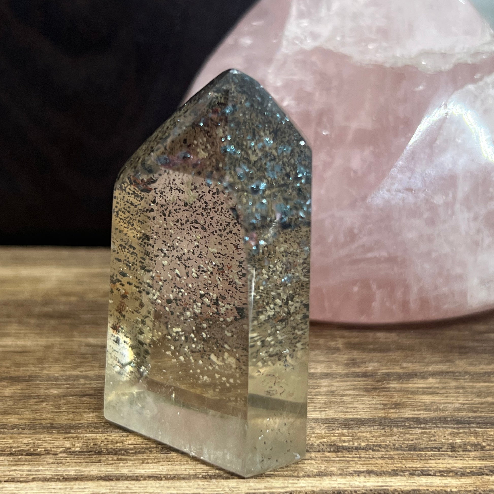 Harlequin Quartz Point - 96g - Gentle Smoky tones with incredible inclusions and clarity.