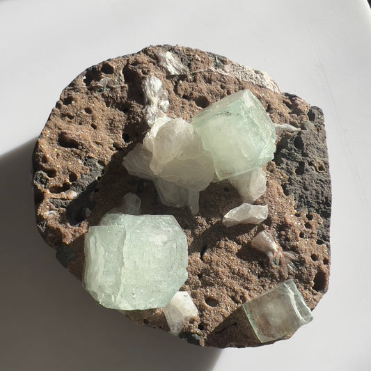 Cubic Green Apophyllite & Stilbite on Carved Matrix