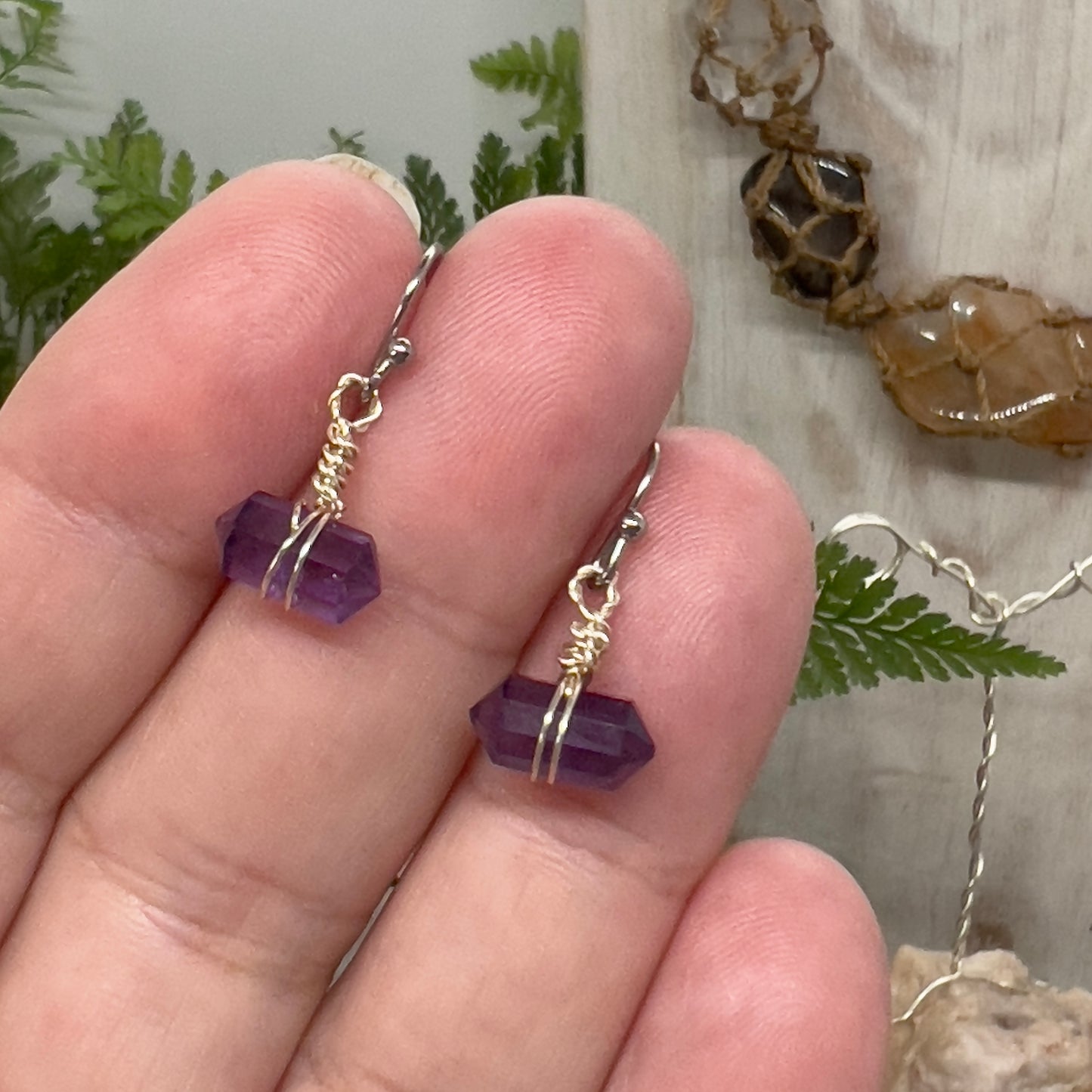Amethyst Point Earrings - Horizontal Double Terminated Points