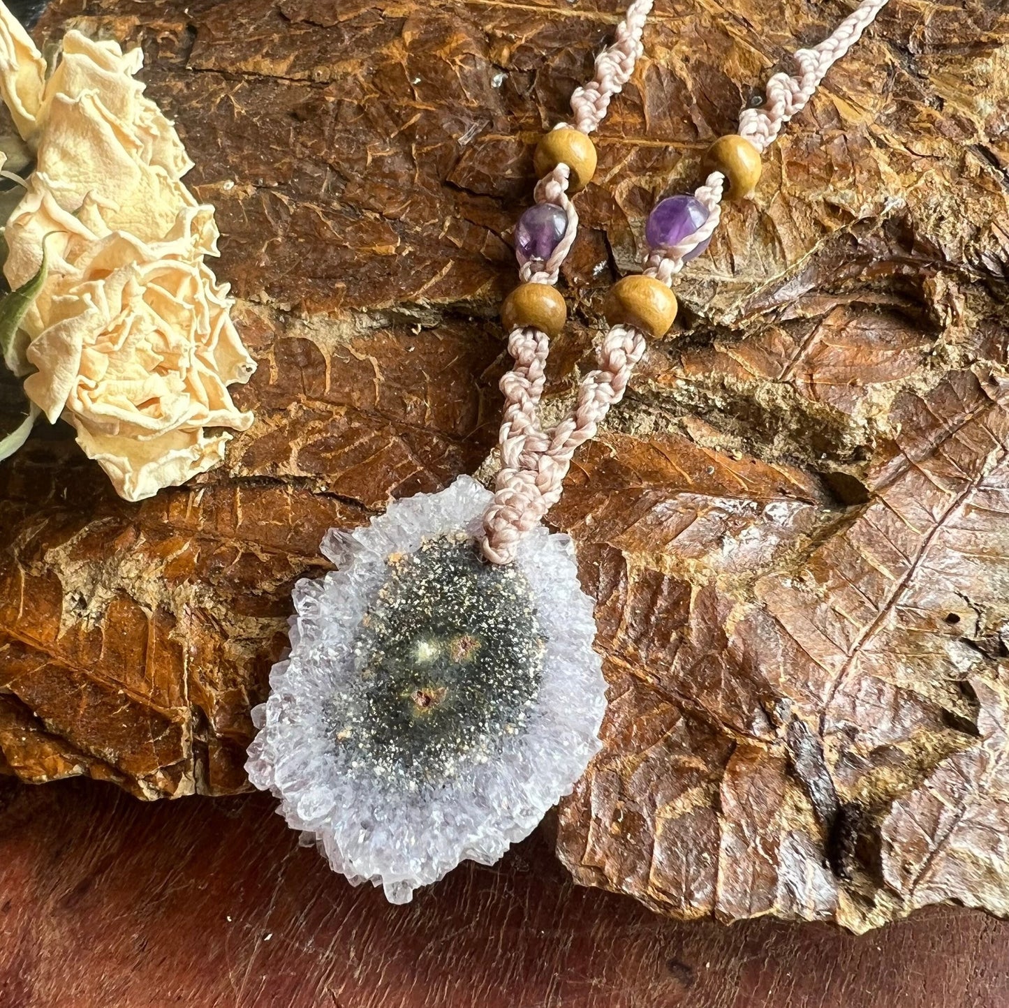 Amethyst Stalactite Slice Macrame Necklace