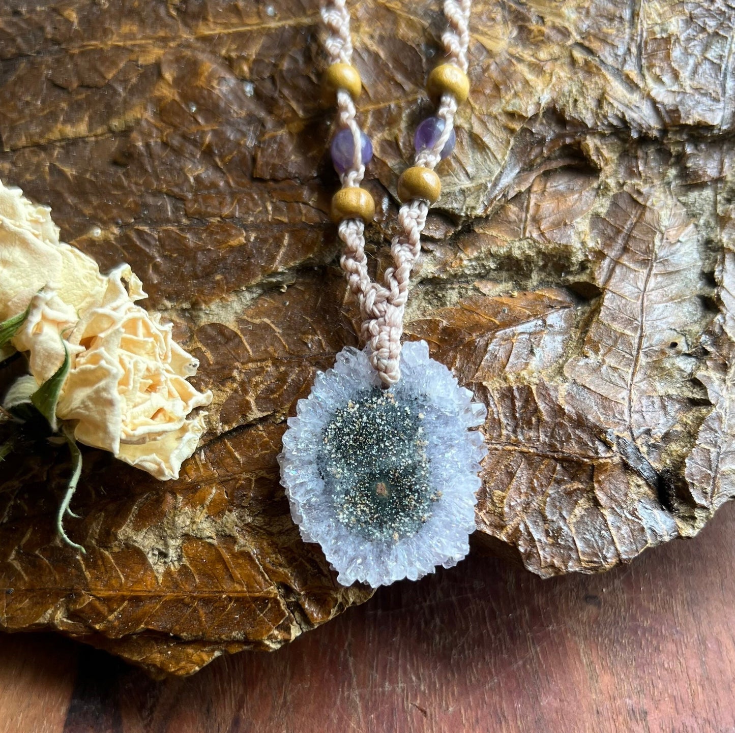 Amethyst Stalactite Slice Macrame Necklace
