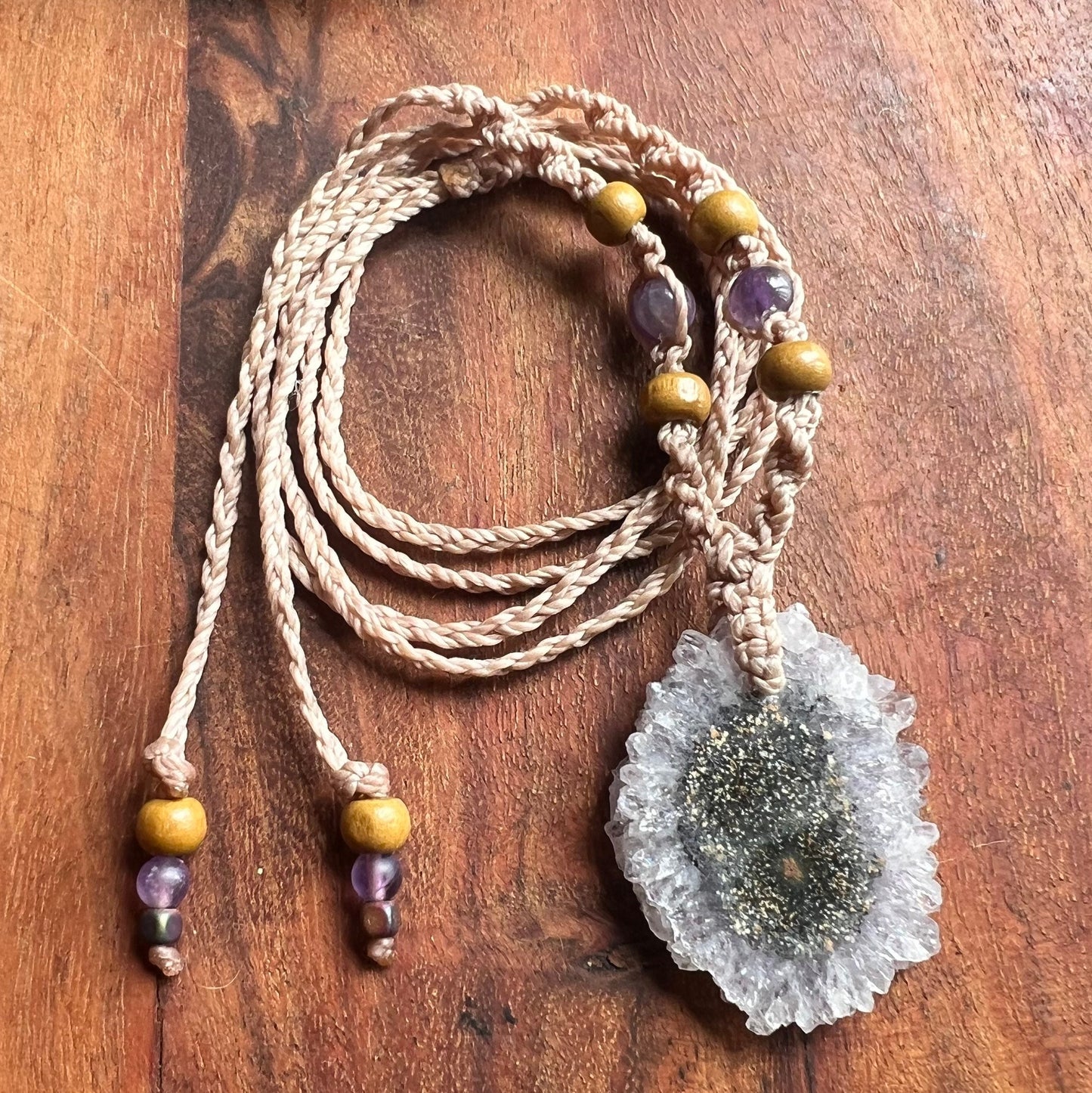 Amethyst Stalactite Slice Macrame Necklace