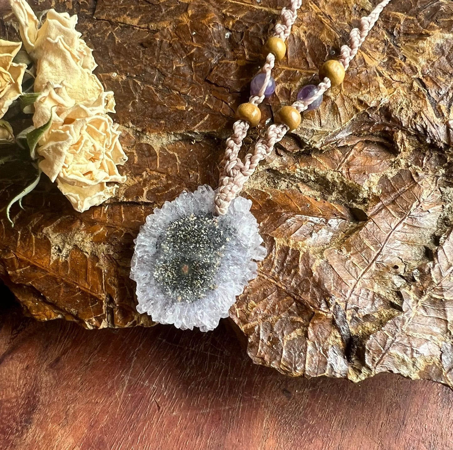 Amethyst Stalactite Slice Macrame Necklace